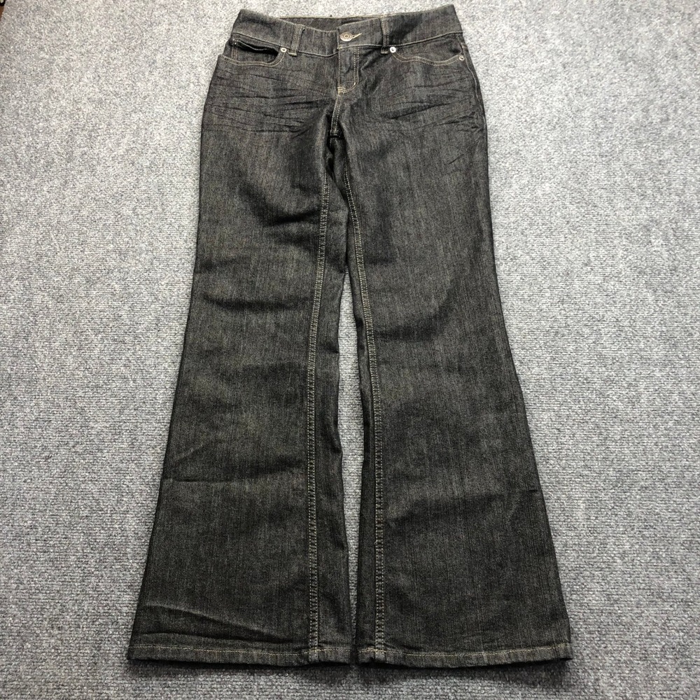 Y2K Dark Wash Flare Leg Jeans Size 6 Low Rise Flap Pocket Denim